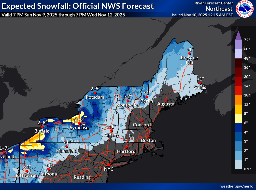 Expected Regional Snowfall Next 72 Hours