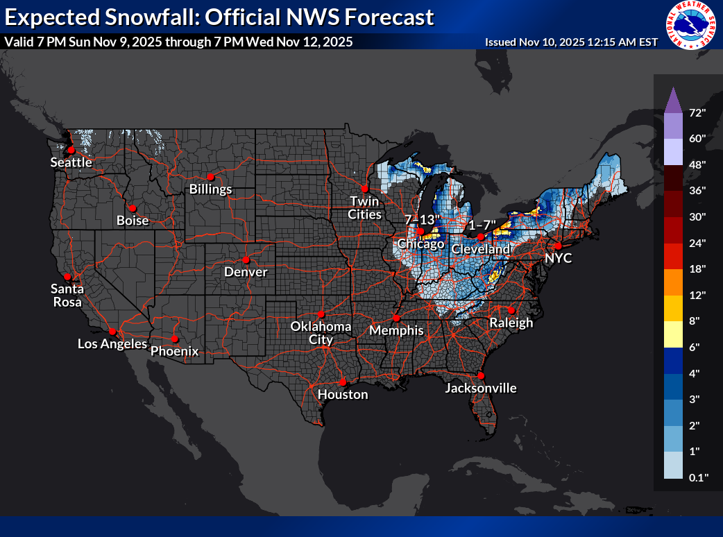 Expected Snowfall Next 72 Hours<br>Continental US